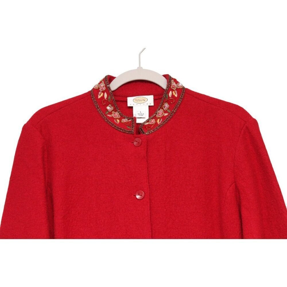 Talbots Jacket Size Large Petite 100% Wool Red Classic Embroidered Sequin Beaded - Picture 2 of 15